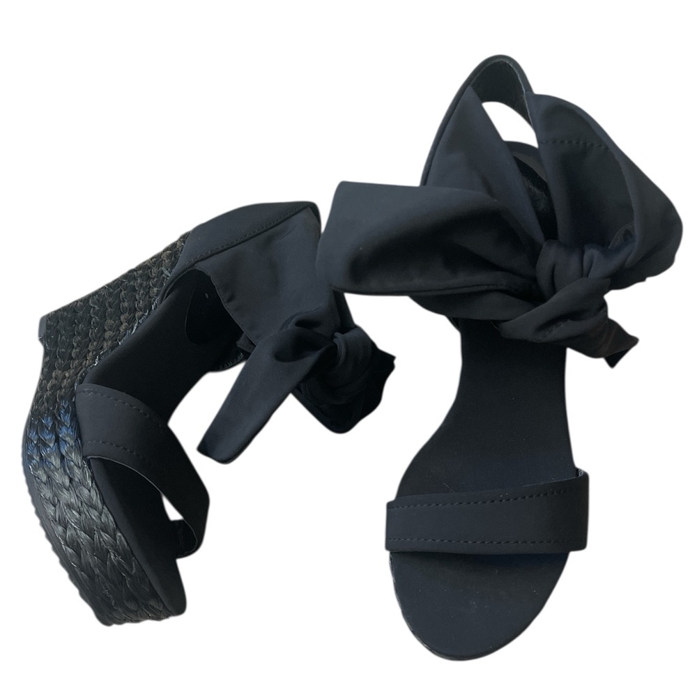 Donald J. Pliner Black Ankle Tie Bow Woven Platform Wedge Open Toe Sandals